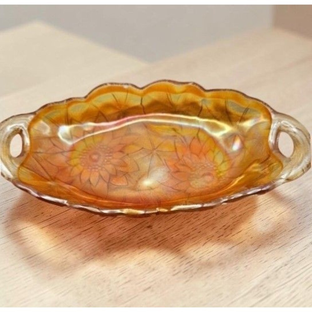 Vintage Indiana Amber Carnival Glass Relish Dish Sunflower Marigold 11in